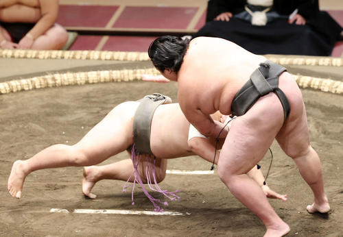 播州灘（左）を引き落としで破る西原（撮影・鈴木正人）