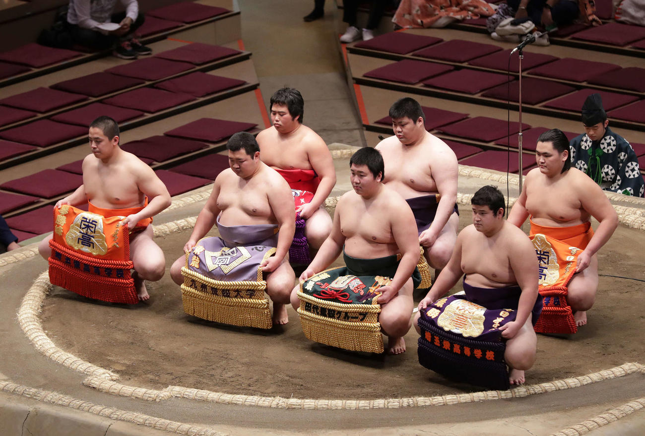 新序出世披露に臨んだ、前列左から、琴手計、東誠竜、大青山、若ノ勝、後列左から花房、薩摩翔、琴拳龍（撮影・河野匠）