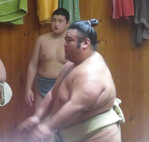当時の千賀ノ浦部屋で稽古する貴景勝（手前）と体験入門として稽古に参加した現若ノ勝の竹田章一郎（19年2月撮影）