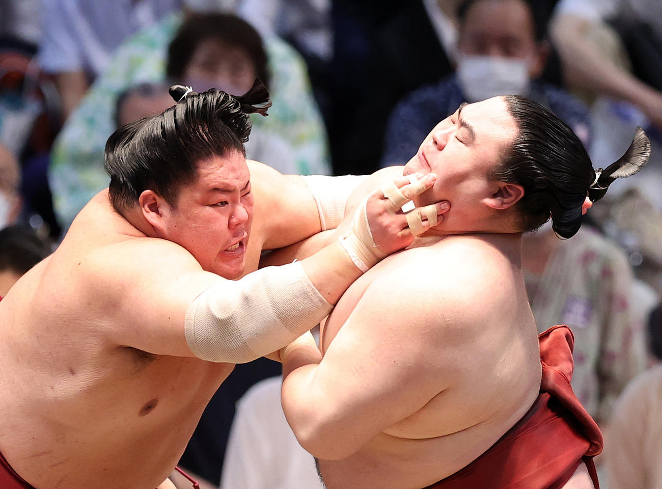 名古屋場所4日目　隆の勝（右）を激しく攻める大栄翔（撮影・鈴木正人）