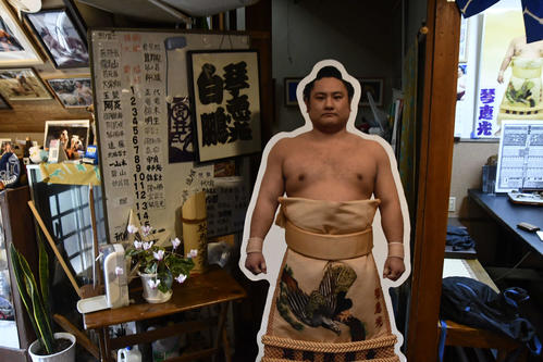 琴恵光の両親が営む宮崎・延岡市の「ちゃんこ松恵」に置かれた琴恵光のパネル（撮影・平山連）