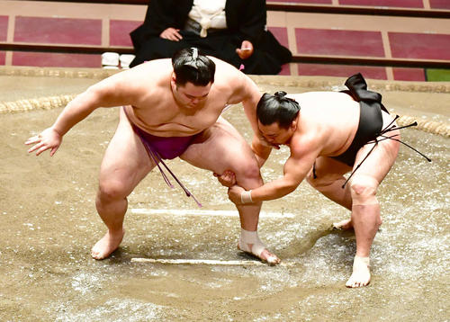 朝乃山（左）は立ち合いで照強の変化について行けず足取りで敗れる（2020年8月1日撮影）