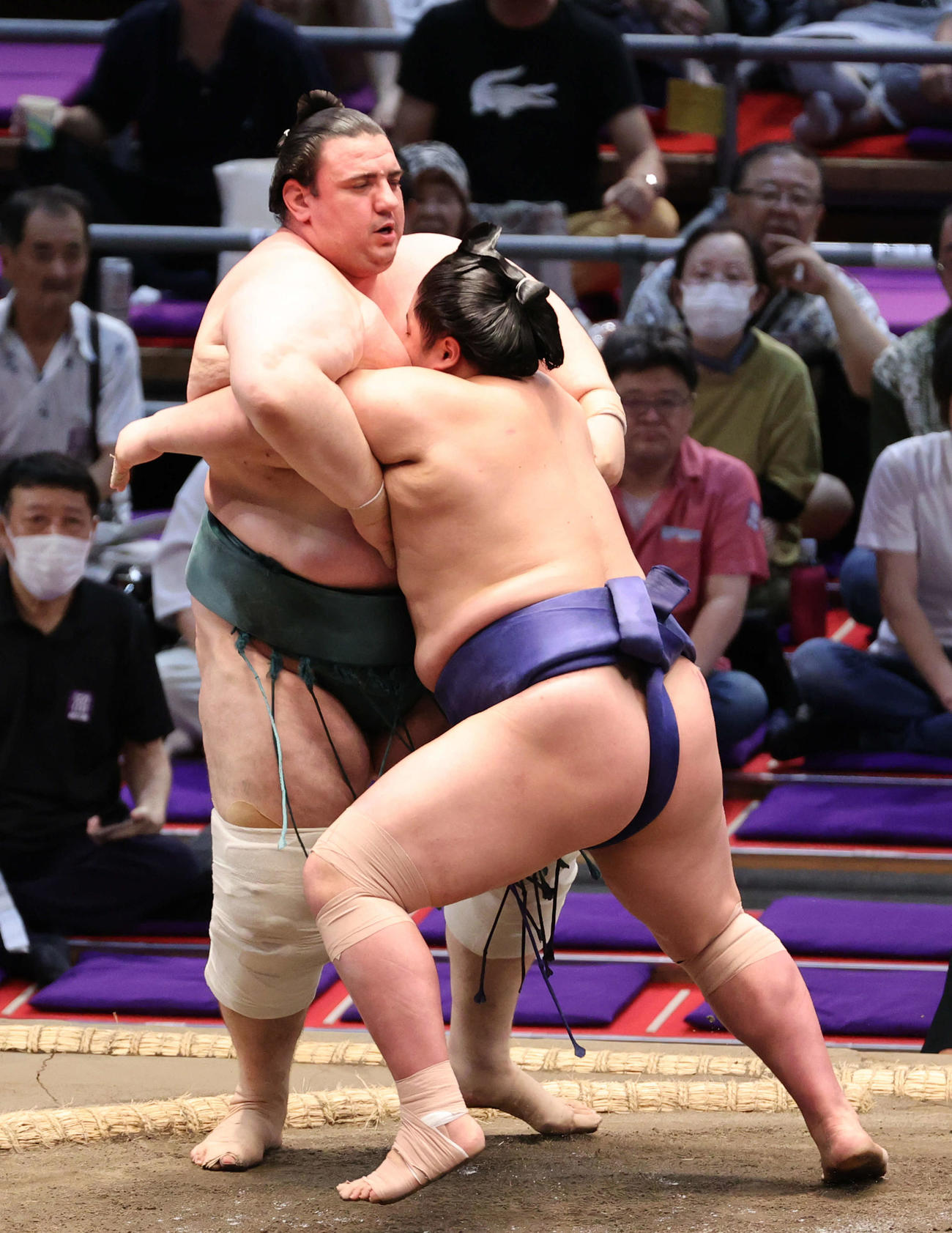 藤青雲（手前）に寄り切りで敗れる碧山（撮影・加藤孝規）