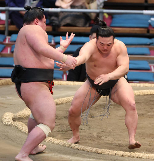 大相撲春場所13日目　幕下の炎鵬は寄り切りで長村に勝利（撮影・西尾就之）