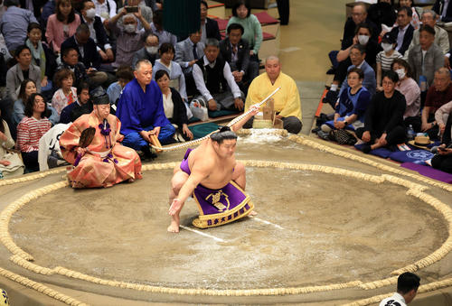 弓取りを披露する天空海（撮影・浅見桂子）