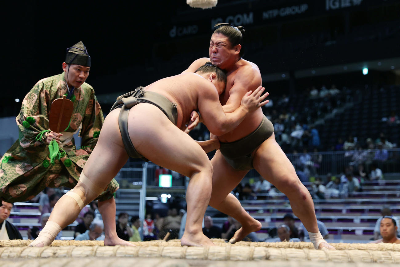 琴大龍（左）とぶつかり合う若隆元（撮影・前田充）