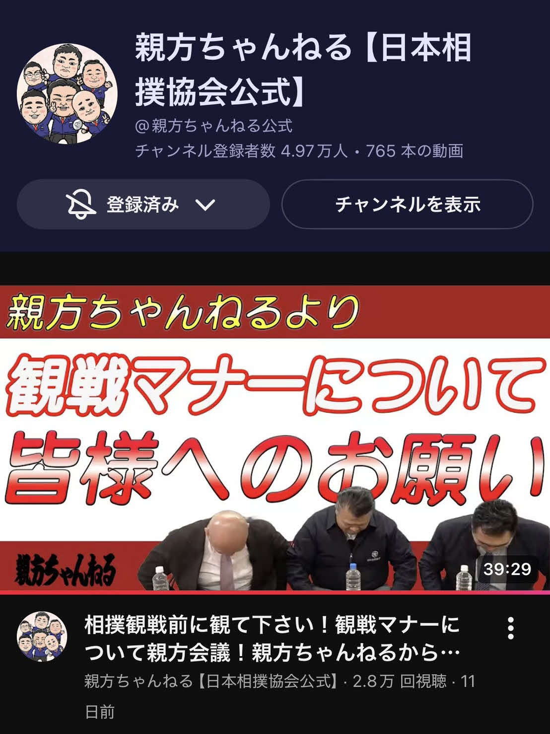 YouTube「親方ちゃんねる」でも観戦マナーについて取り上げていた