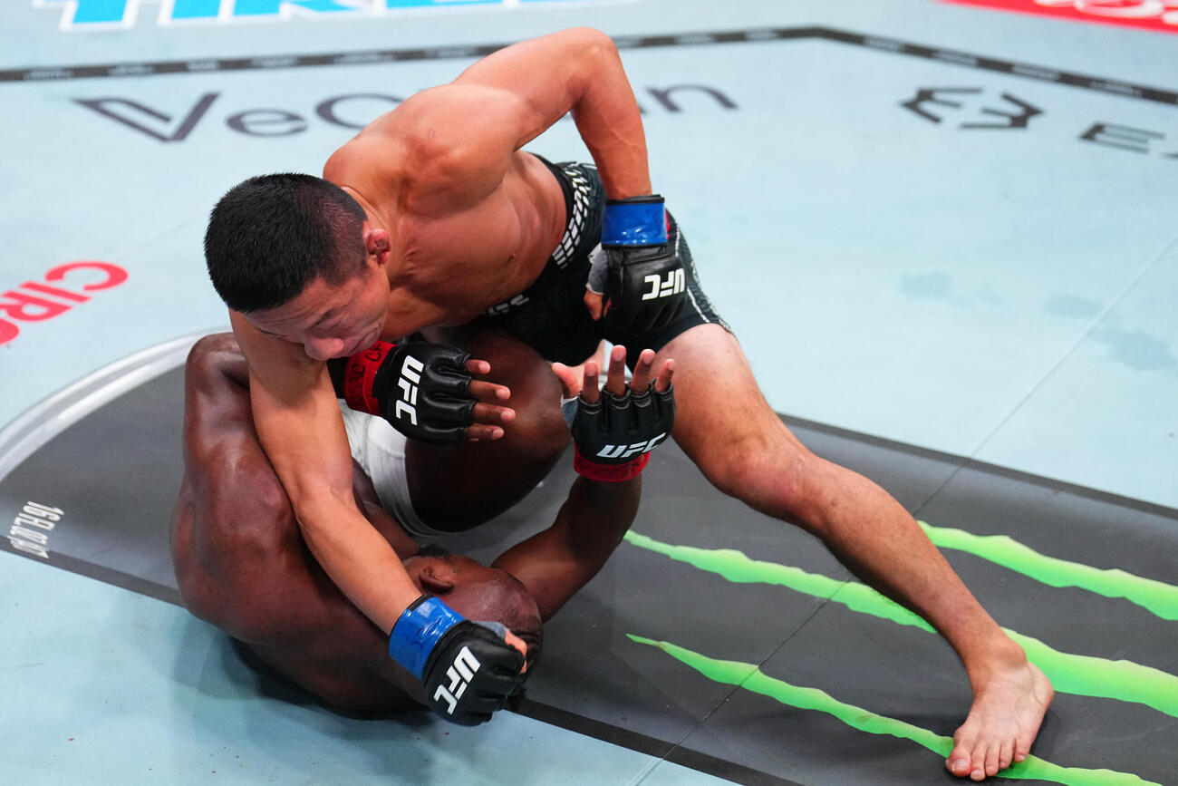 マネル・ケイプ（下）にパウンドを振り下ろす堀口恭司（C）ZuffaLLC／UFC