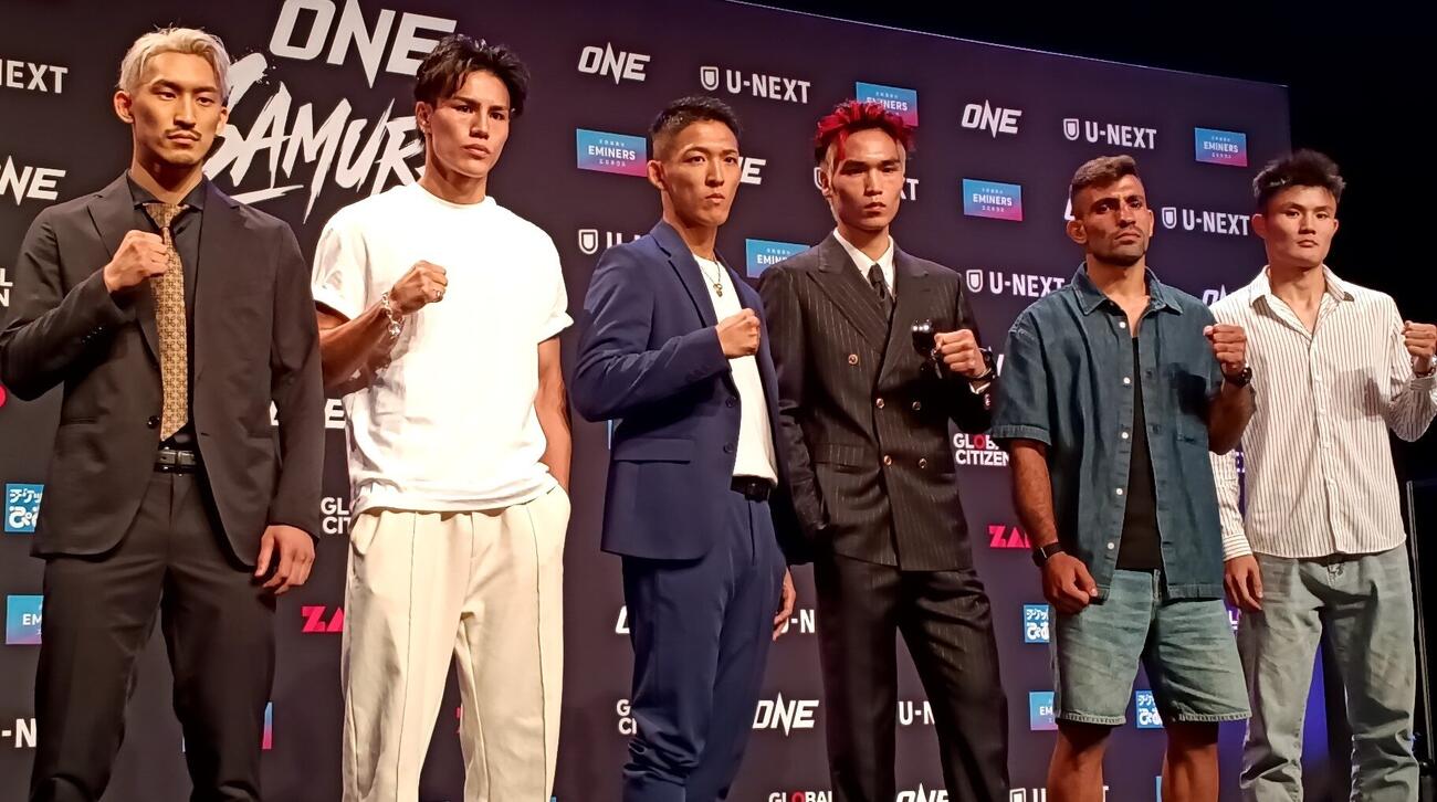 フェザー級トーナメントに出場する（左から）都木航佑、海人、野杁正明、リウ・メンヤン、モハメド・シアサラニ、ルオ・チャオ