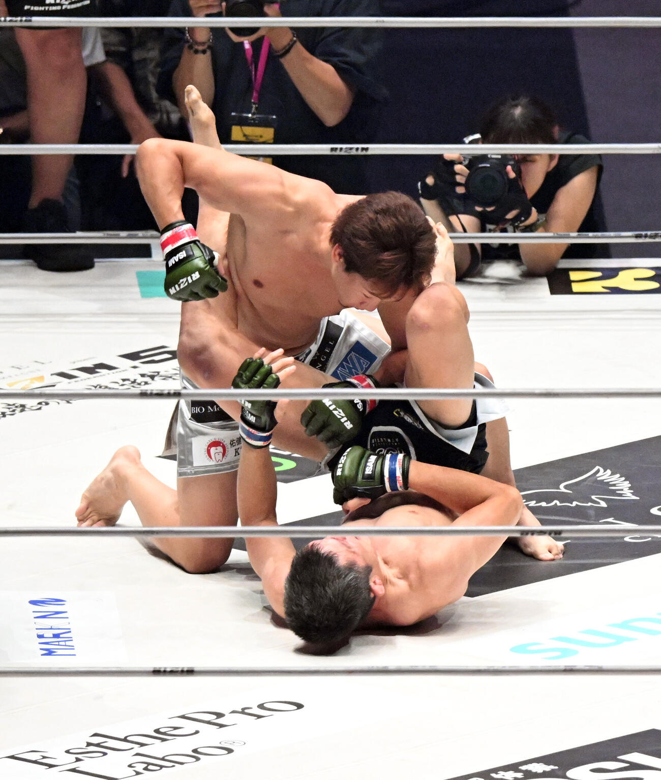 朝倉未来対青木真也　1回、朝倉未来（上）は青木真也をマットに転がしパンチを浴びせる（撮影・和賀正仁）