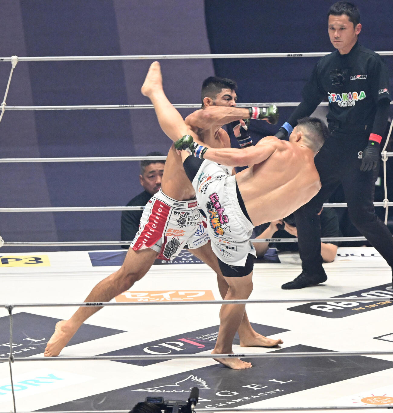 ホベルト・サトシ・ソウザ対野村駿太　2回、ホベルト・サトシ・ソウザ（奥）に野村駿太はハイキックを浴びせる（撮影・和賀正仁）