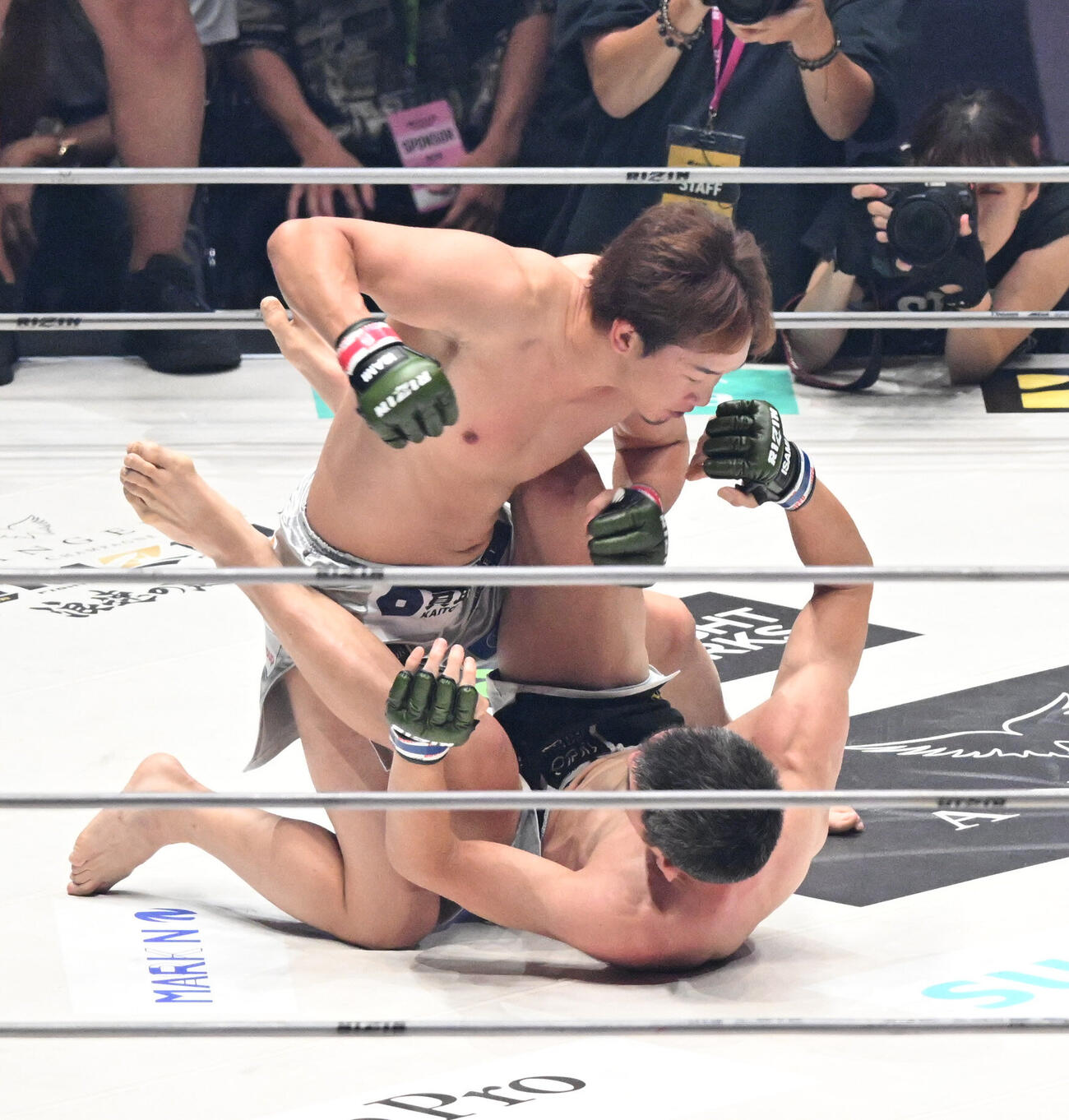 朝倉未来対青木真也　1回、朝倉未来（上）は青木真也をマットに転がしパンチを浴びせる（撮影・和賀正仁）