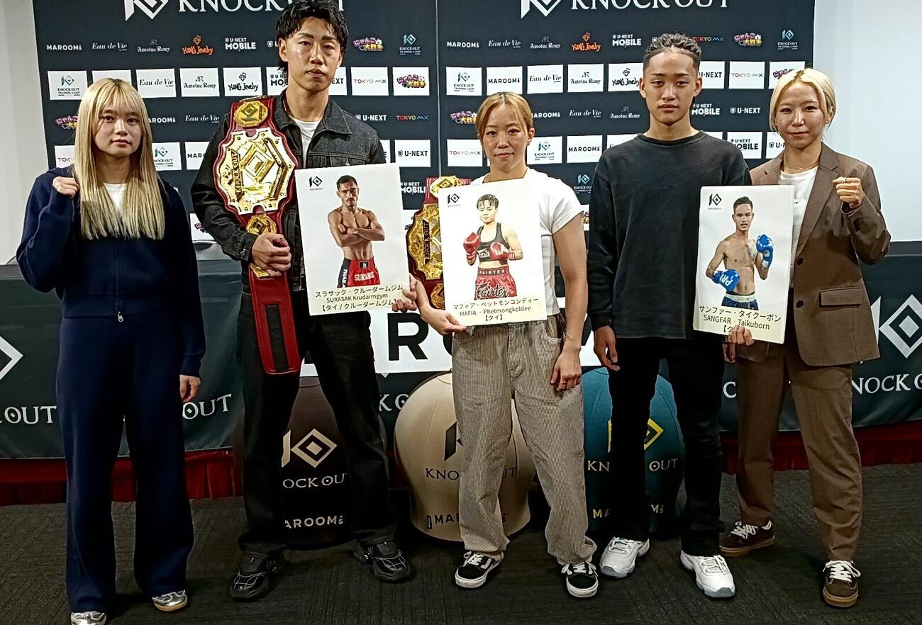 会見に出席した（左から）Kiho、森岡悠樹、小林愛理奈、渡部蕾、坂田実優