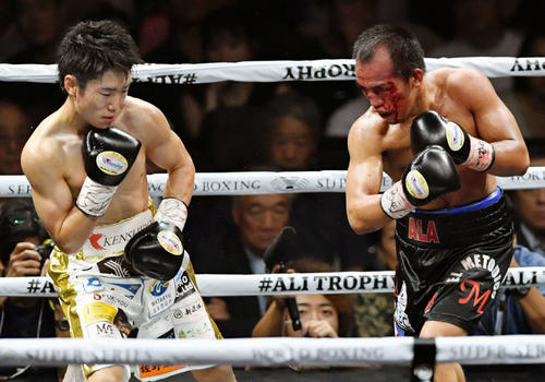7回、メリンド（右）を流血させた拳四朗（撮影・滝沢徹郎）