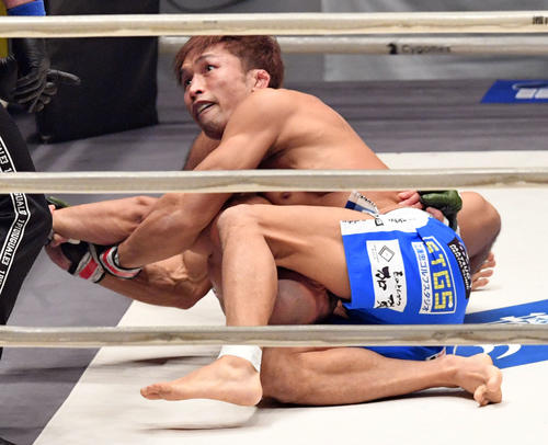 宮田対山本アーセン　1回、山本アーセン（下）にアームバーを決める宮田（撮影・滝沢徹郎）