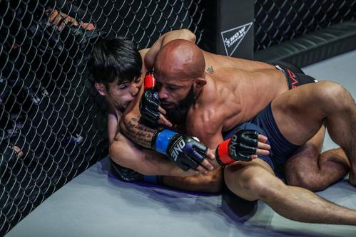 ケージ際で寝技の攻防を展開する元UFCフライ級王者デミトリアス・ジョンソン(右)と若松佑弥