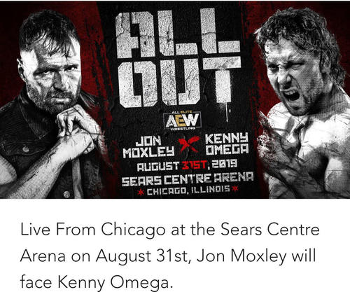 8月31日のAEWオールアウト大会でケニー・オメガ（右）VSジョン・モクスリーのシングル戦が発表（AEW公式サイトより）