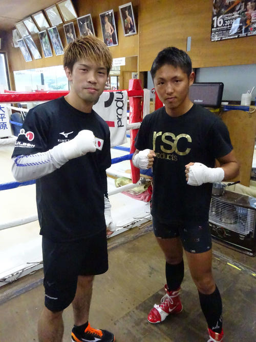 WBC世界ライトフライ級ユース王者加納陸（右）とスパーリングを行ったWBO世界フライ級王者田中恒成（撮影・加藤裕一）