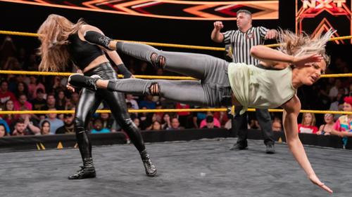 乱入したレラエ（右）のドロップキックを浴びる紫雷（C）2019WWE，Inc．AllRightsReserved