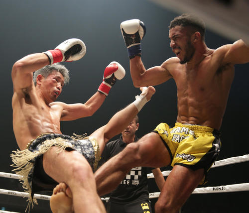 森本（左）にローキックを浴びせるフェレイラ（撮影・中島郁夫）