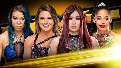 18日のNXTでNXT女子王座挑戦者決定戦に臨む4選手。左からミア、レラエ、紫雷、ビアブレア(C)2019WWE,Inc.AllRightsReserved.
