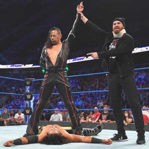 大の字のアリの上で勝ち誇るインターコンチネンタル王者中邑（左）。右はゼイン（C）2019WWE，Inc.AllRightsReserved