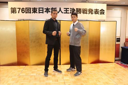 ボクシング東日本新人王決勝で対戦するライト級の斎藤真之助（左）と佐々木尽