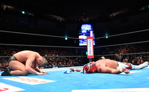 試合後、大の字の獣神サンダー・ライガー（右）に深々と頭を下げる鈴木みのる（撮影・滝沢徹郎）