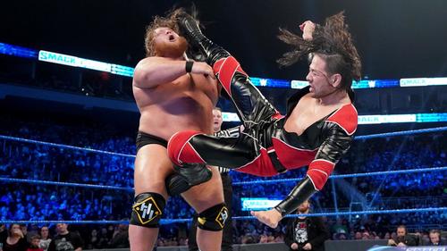 オーティス（左）にハイキックを決める中邑(C)2019WWE,Inc.AllRightsReserved.
