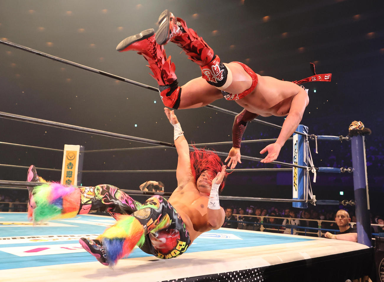 IWGPジュニアヘビー級選手権試合　リュウ・リー（右）を場外へと放り投げる高橋ヒロム（撮影・清水貴仁）