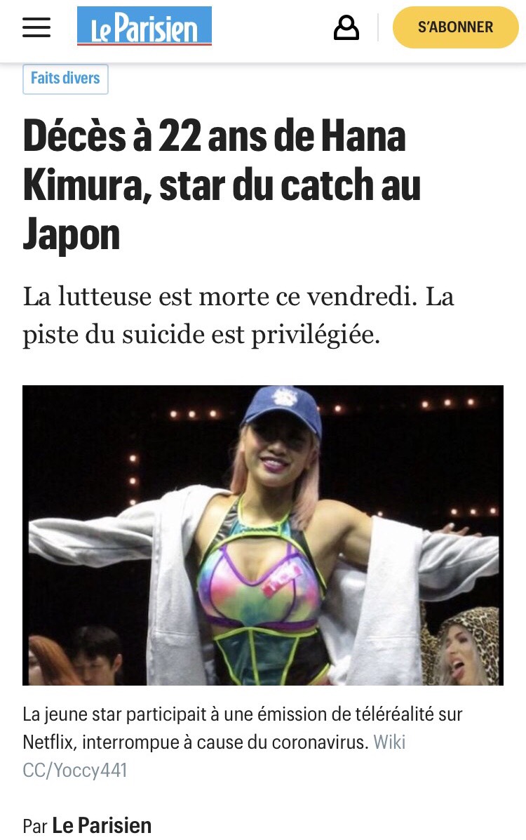 木村花さんの訃報を伝えるフランスのル・パリジャン紙電子版