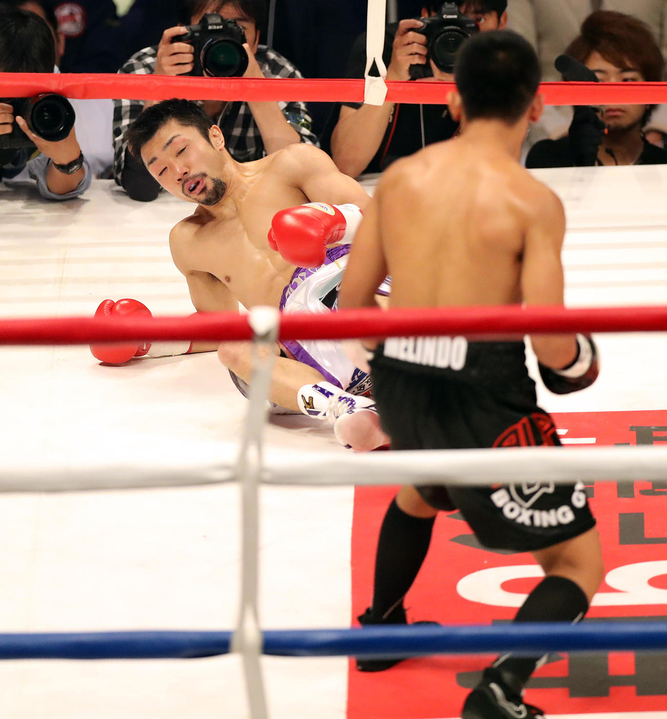 17年5月21日、1回、メリンド（手前）から1度目のダウンを奪われる八重樫