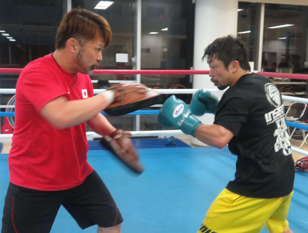 松本トレーナー（左）とのミット打ちを消化する元3階級制覇王者八重樫東（2019年3月5日撮影）