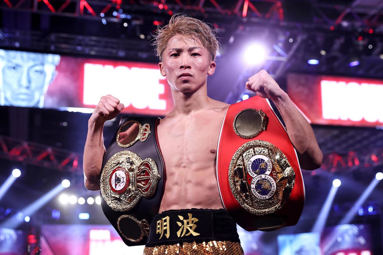 WBA、IBFバンタム級タイトルマッチでモロニーにKO勝ちし、防衛に成功した井上（トップランク社提供、ゲッティ＝共同）