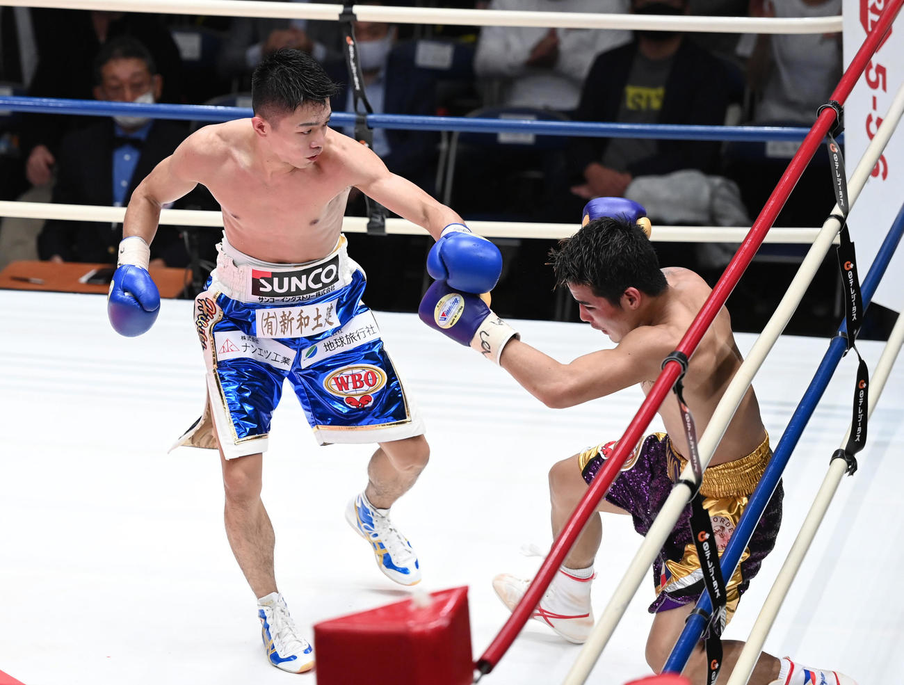 8回、マグラモ（右）からダウンを奪う中谷潤人（代表撮影）