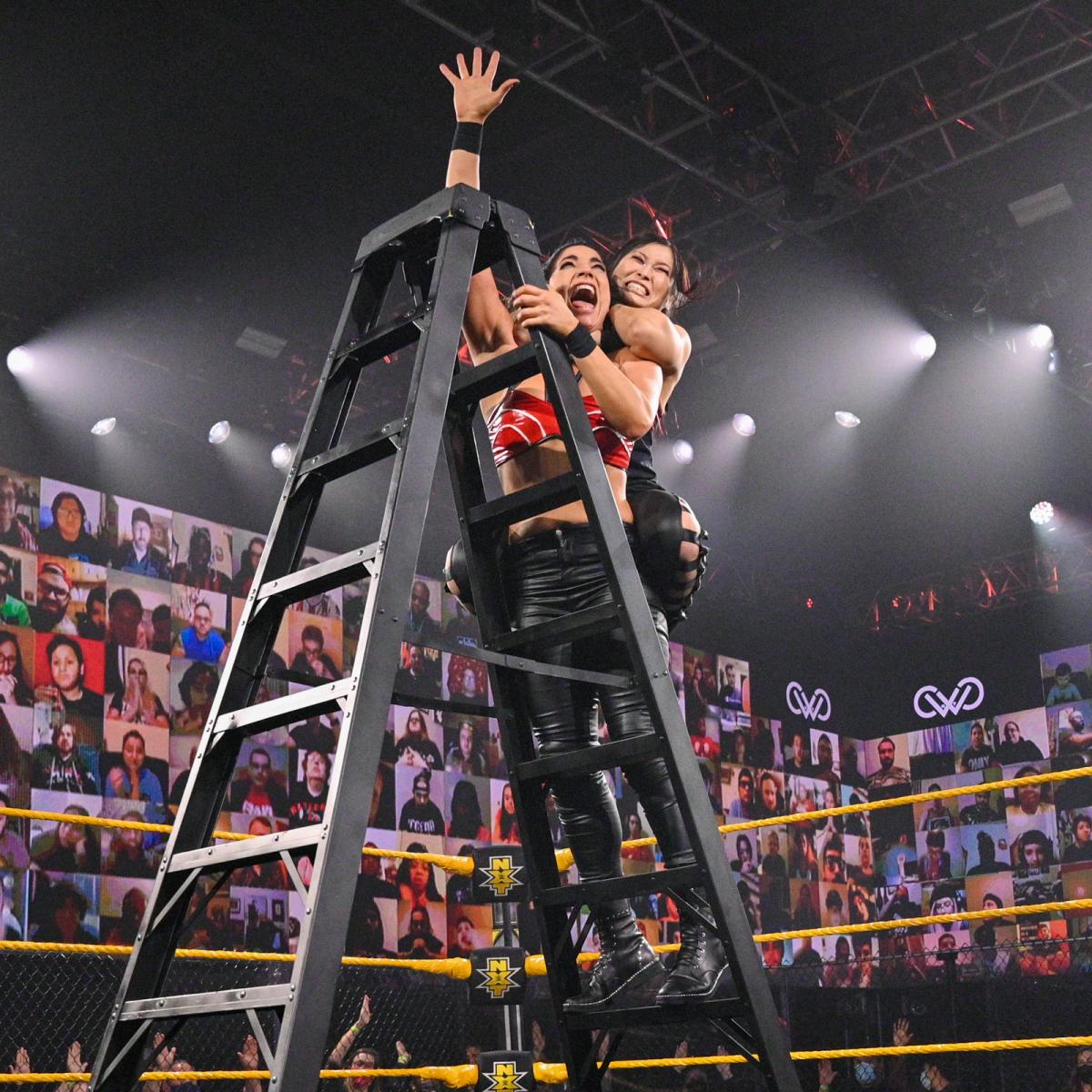 ラダーに上がったラケル・ゴンサレス（左）を裸絞めにするNXT女子王者紫雷イオ（C）2020WWE,Inc.AllRightsReserved.
