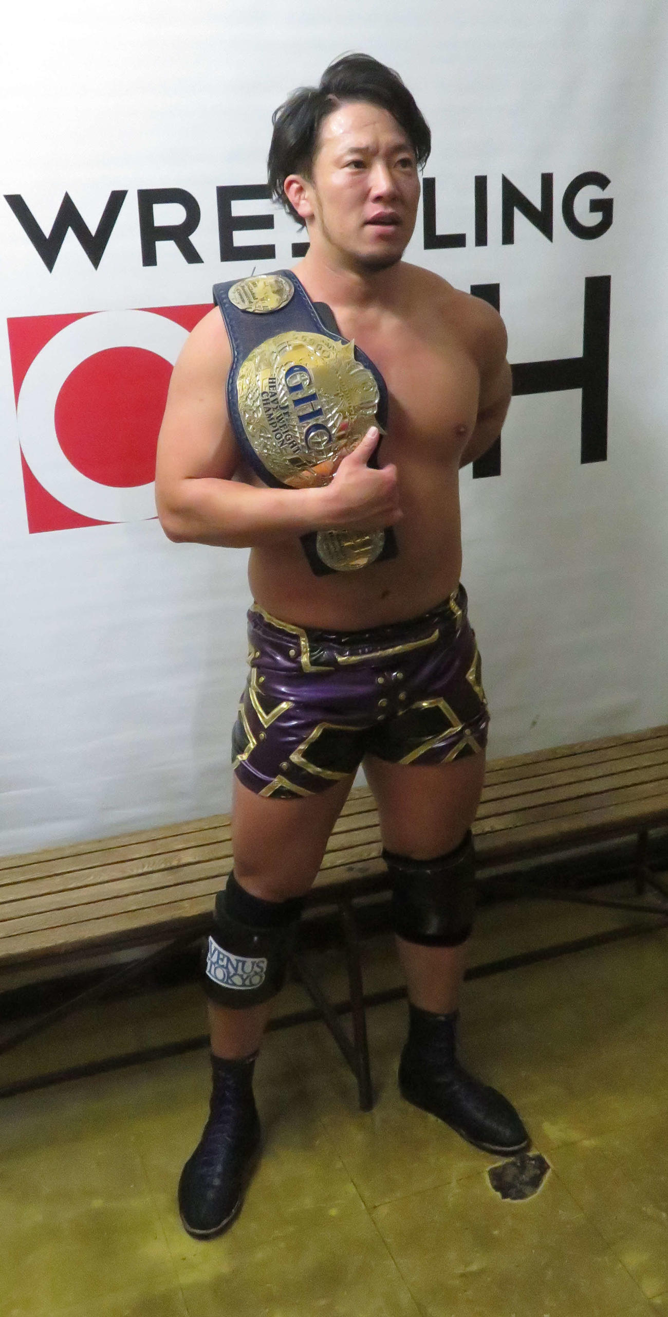 GHCジュニア・ヘビー級選手権試合で2度目の防衛に成功した原田大輔（撮影：松熊洋介）