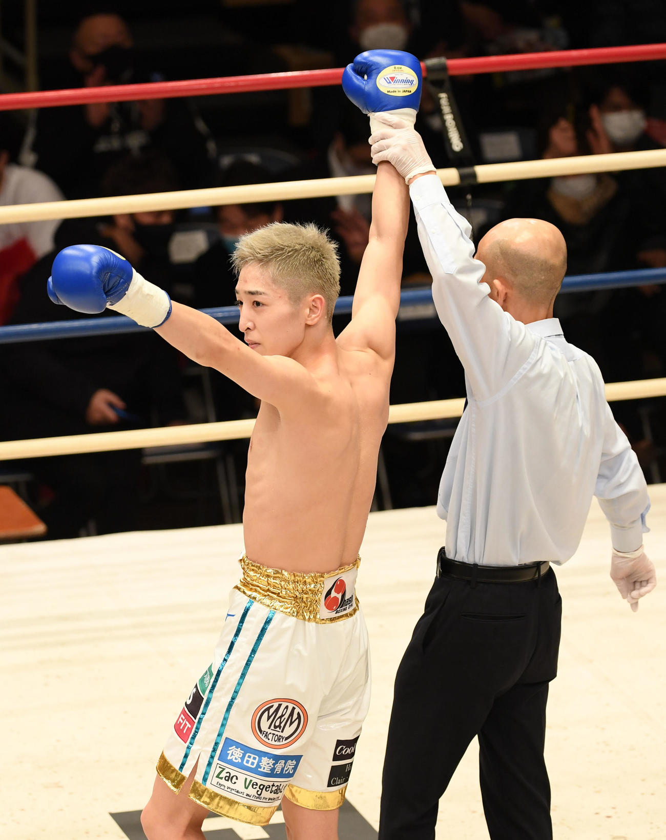 KO勝利し拳を突き上げる中垣（撮影・横山健太）