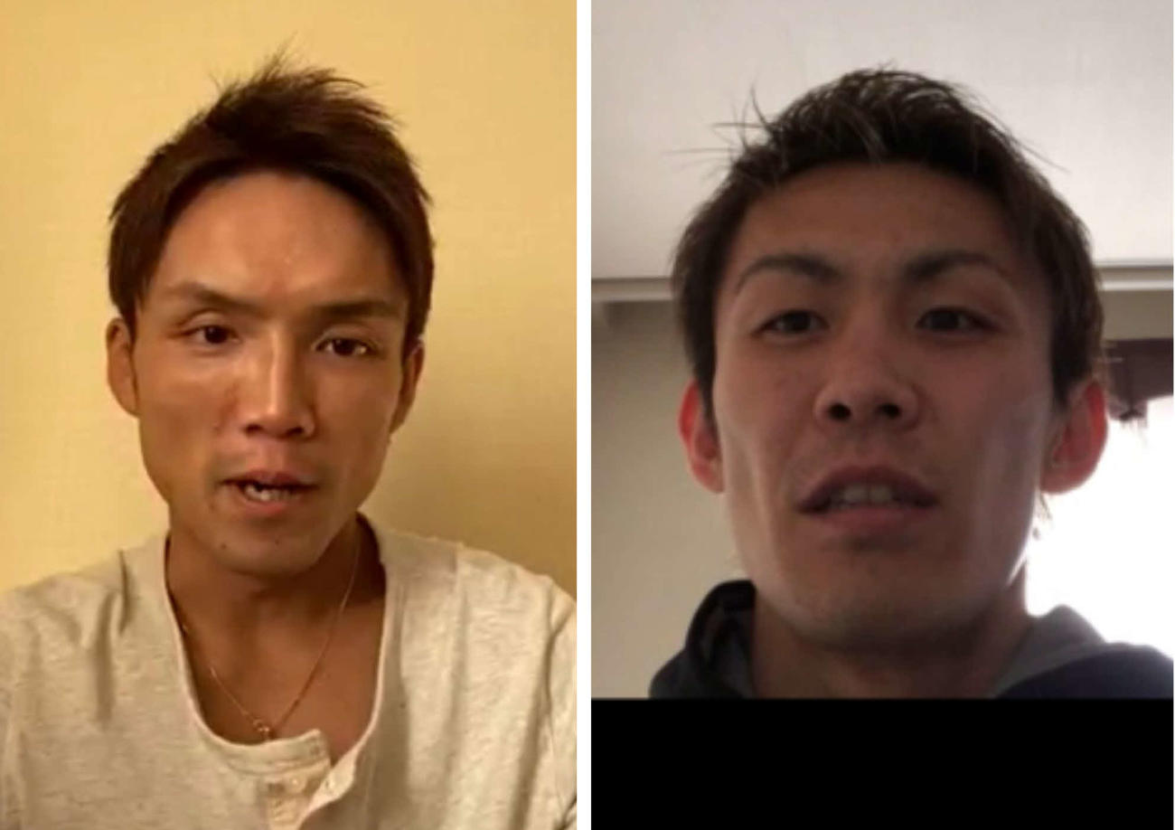 日本スーパーバンタム級タイトル戦の前日計量をクリアし、オンラインで取材に応じた王者久我（左）と挑戦者の古橋