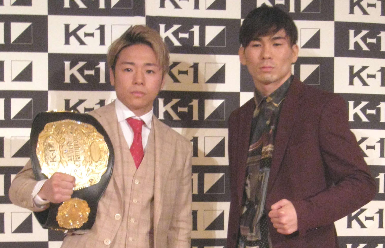 K－1スーパー・フェザー級タイトル戦を3月28日に行う王者武尊（左）と挑戦者レオナ・ペタス