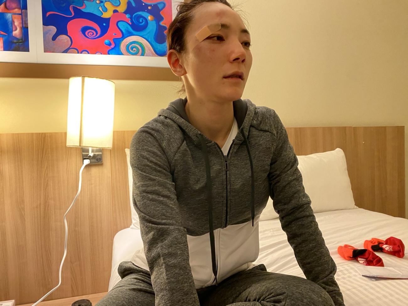 IBF女子世界ミニマム級王者バジェに判定負けを喫し、葉月は悔しそうな表情（写真提供：YuKOフィットネスボクシングジム）