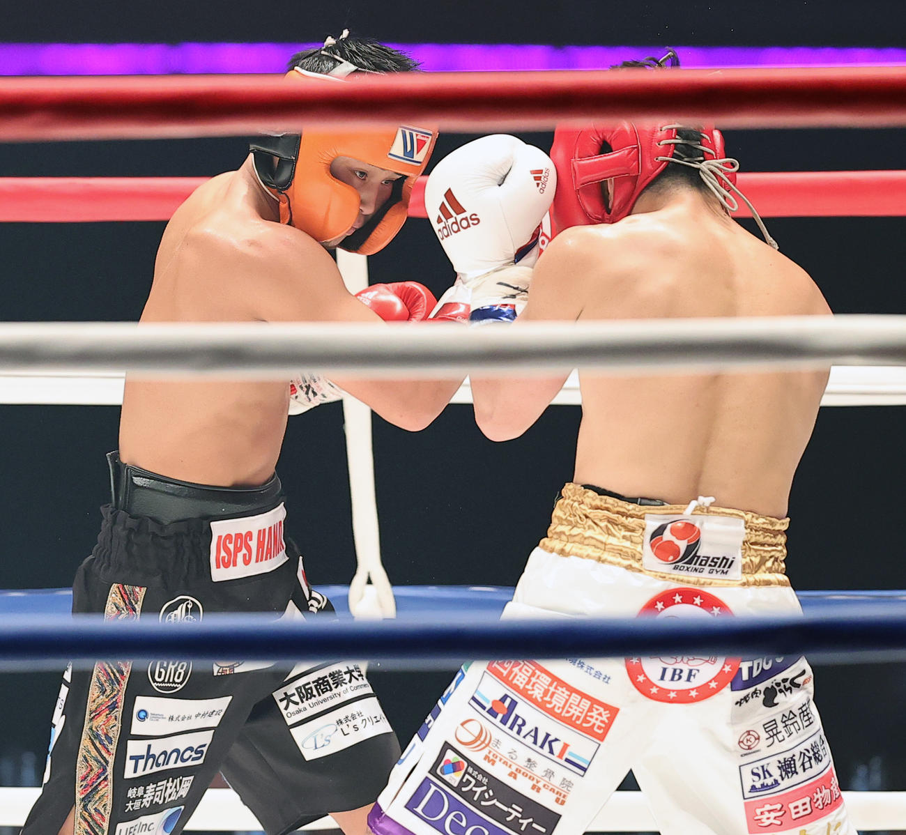 3回、八重樫（手前）と気迫の打ち合いをする京口（撮影・浅見桂子）