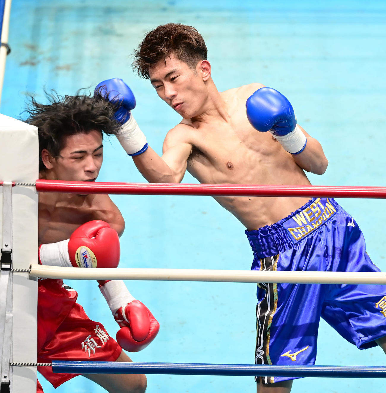 プロボクシング全日本新人王決勝戦のバンタム級　3回、須藤（左）に右パンチを放つ冨田（撮影・小沢裕）