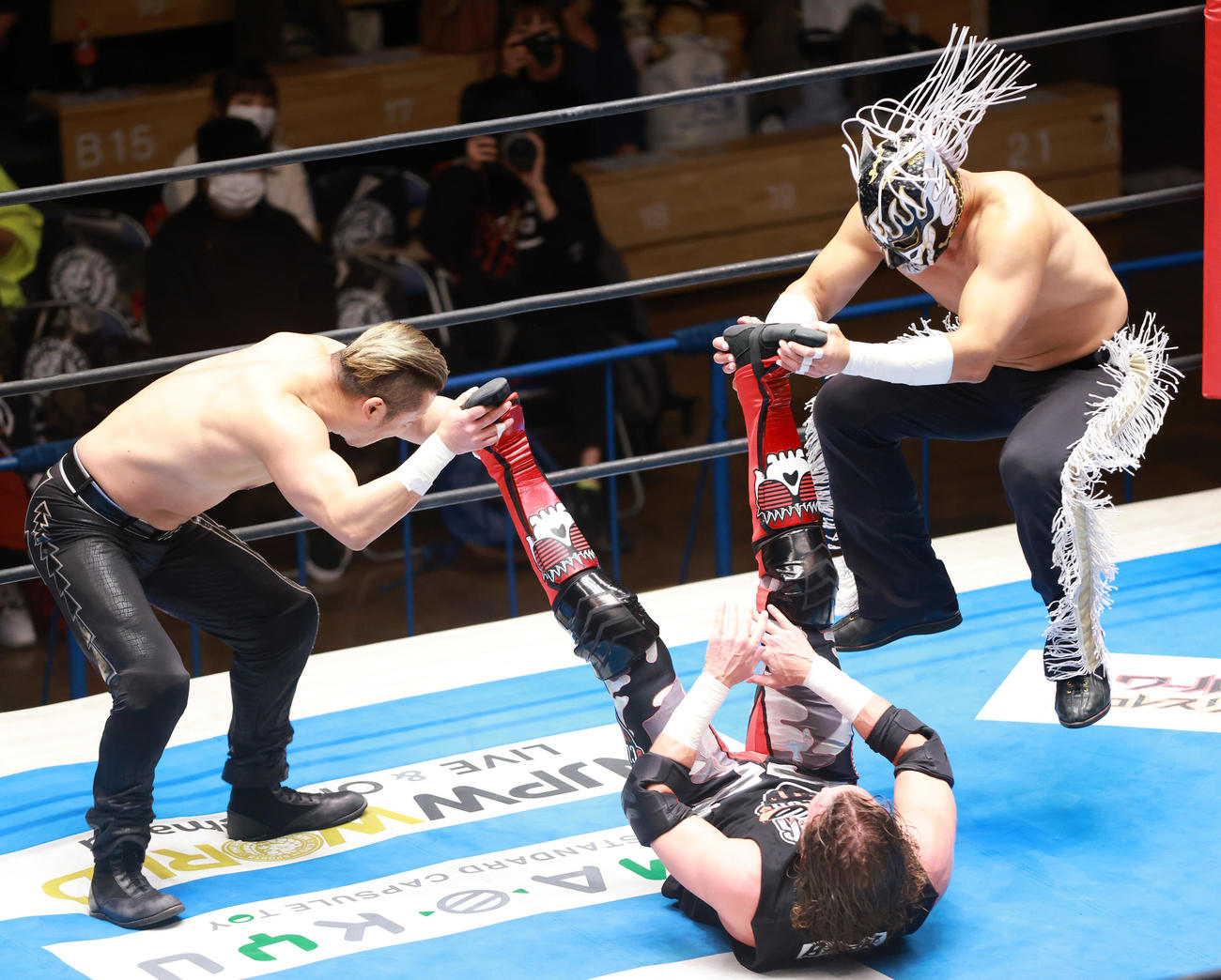 エル・ファンタスモ（中央）のまた割きをする金丸（左）とエル・デスペラード（撮影・中島郁夫）