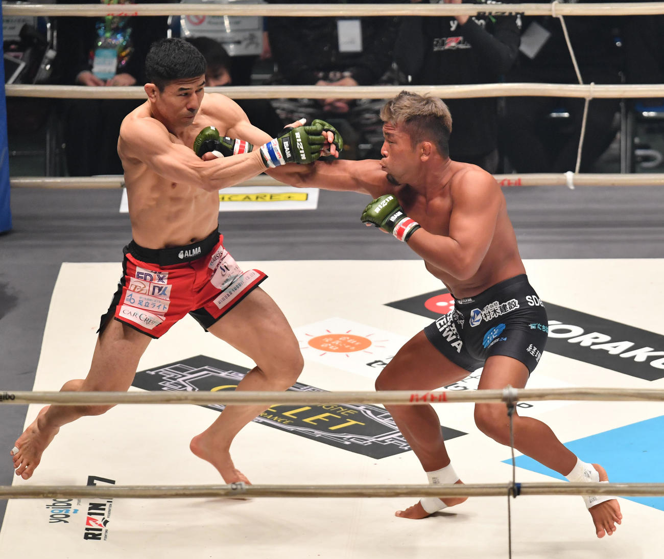 2R、武田光司（右）は久米鷹介にパンチを放つ（撮影・柴田隆二）
