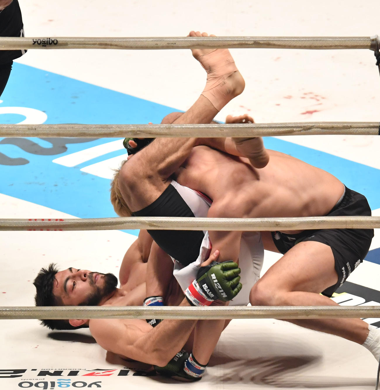 1R、ホベルト・サトシ・ソウザ（下）は徳留一樹を締め技で勝利した（撮影・柴田隆二）