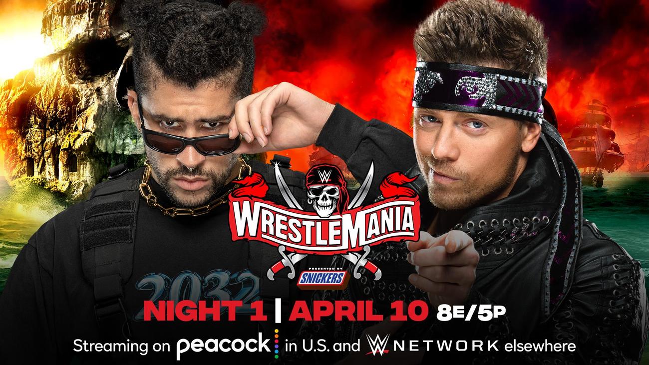 レッスルマニア37大会でのシングル戦が決まったバッド・バニー（左）とザ・ミズ（C）2021 WWE, Inc. All Rights Reserved.