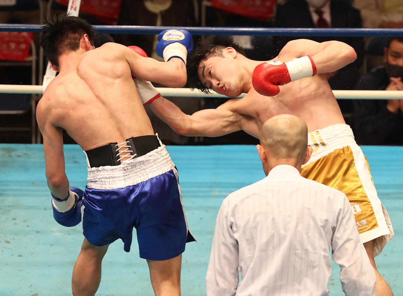 5回、木村（左）にパンチを浴びせる藤田（撮影・野上伸悟）