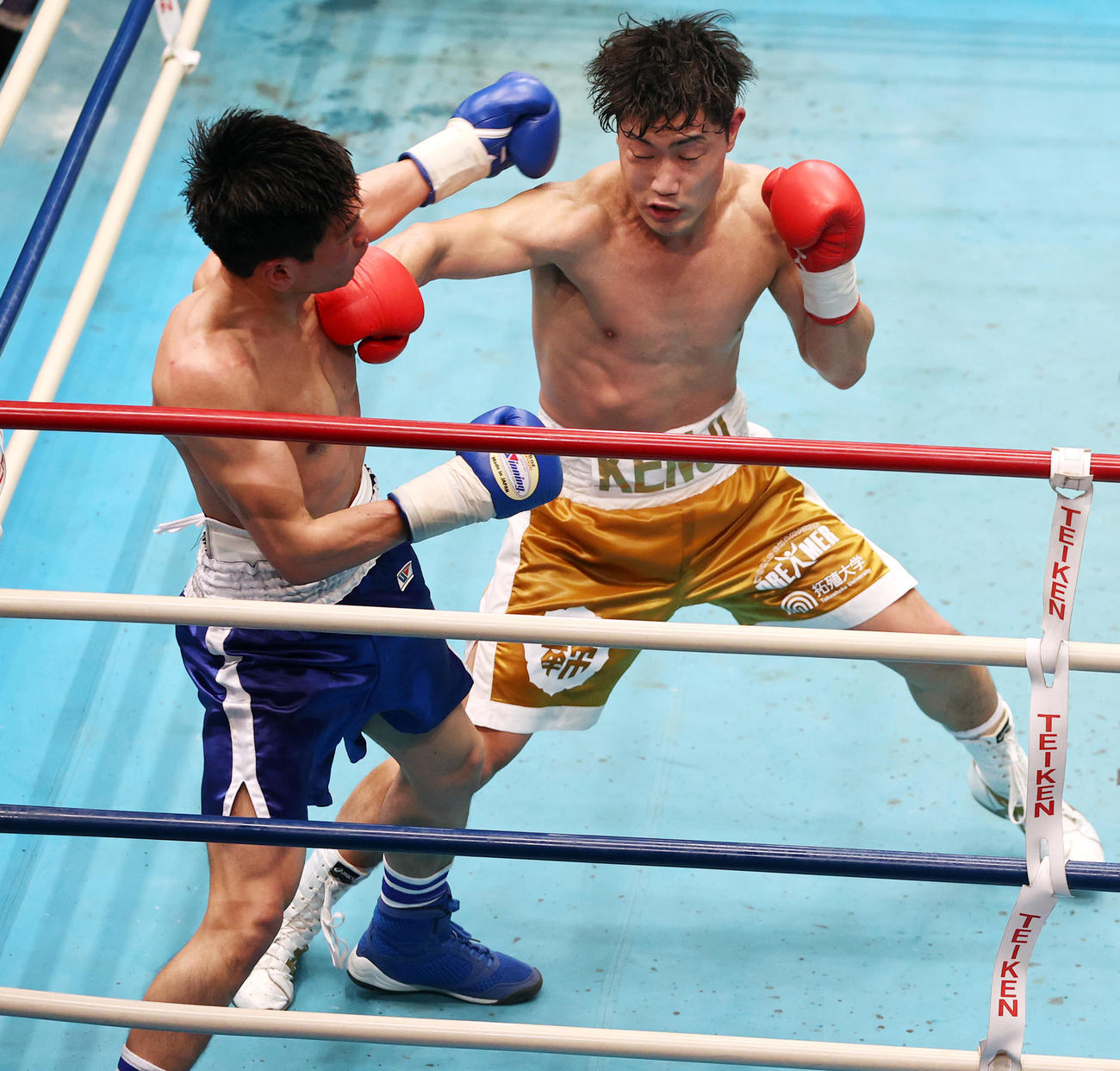 6回、木村（左）にパンチを浴びせる藤田（撮影・野上伸悟）