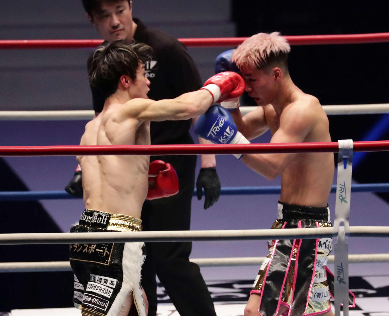 金子晃大対鬼山桃太朗　3回、TKO勝ちした金子晃大（左）（撮影・丹羽敏通）